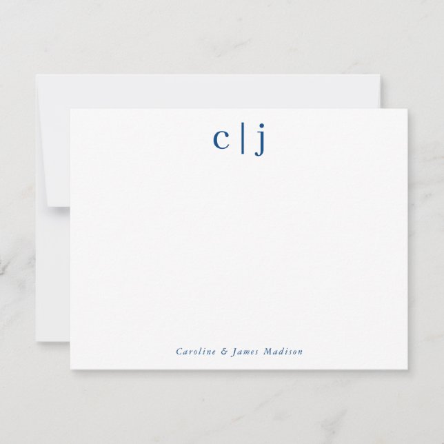 Two Initial Monogram Navy Blue Couple Stationery Card (Front)