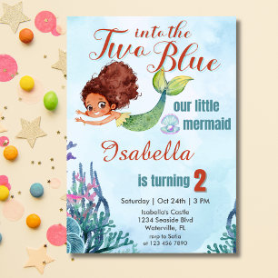 Two into the Blue Brown Mermaid Girls 2nd birthday Invitation