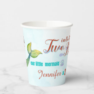 Two into the Blue Brown Mermaid Girls 2nd Birthday Paper Cups