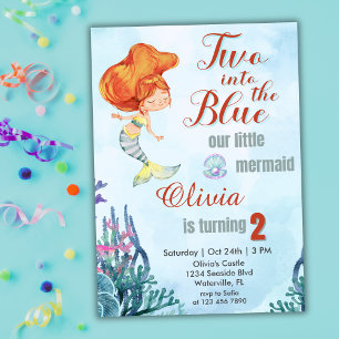 Two into the Blue Mermaid Girls 2nd birthday Invitation