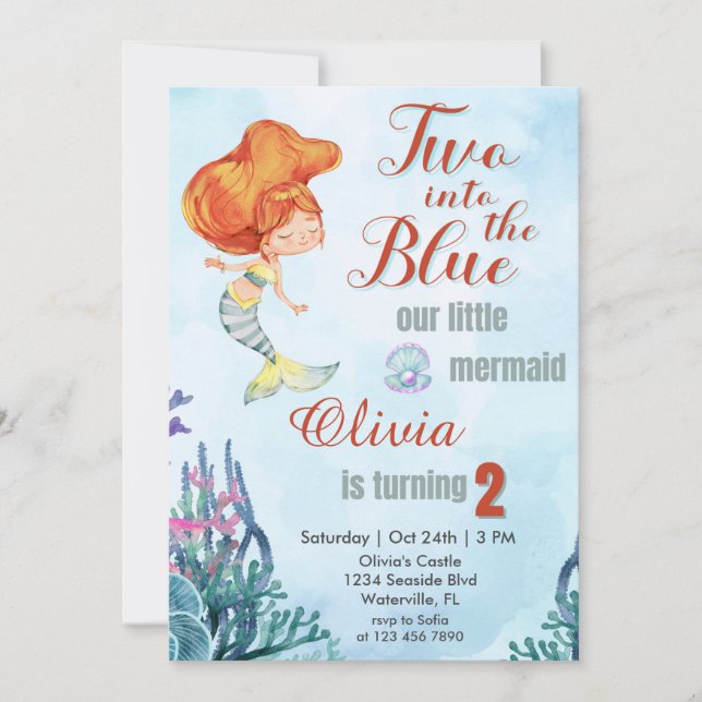 Two into the Blue Mermaid Girls 2nd birthday Invitation (Front)