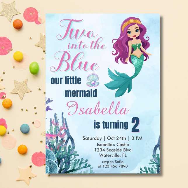 Two into the Blue Purpl Mermaid Girls 2nd birthday Invitation (Creator Uploaded)
