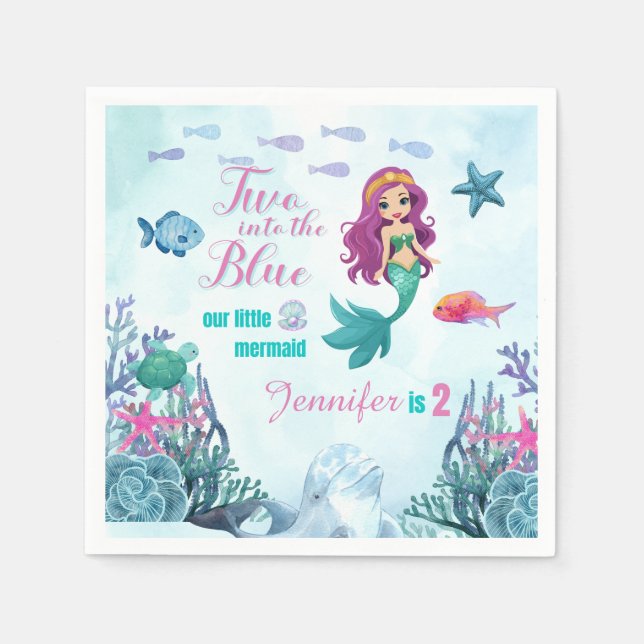 Two into the Blue Purpl Mermaid Girls 2nd birthday Napkin (Front)