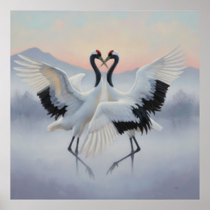Two Japanese cranes in a graceful dance Poster