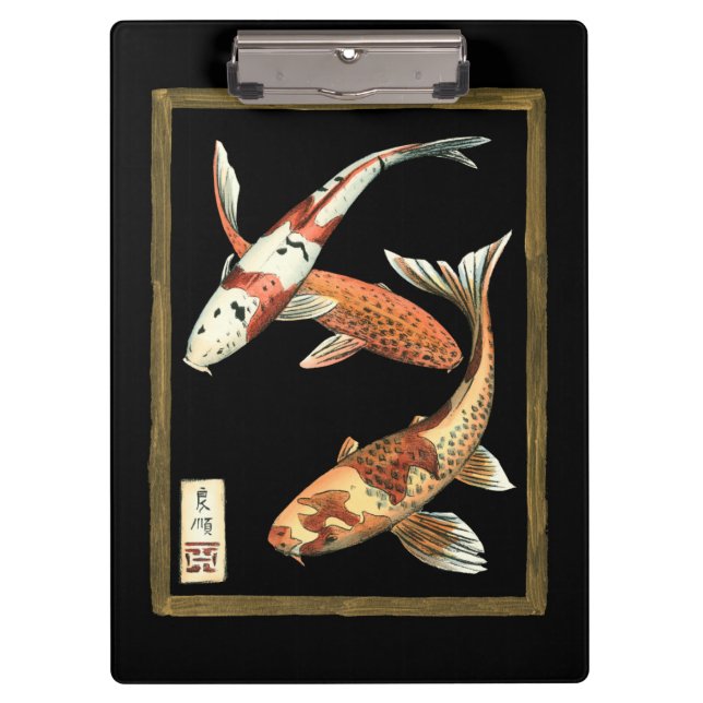 Two Japanese Koi Goldfish on Black Background Clipboard (Front)