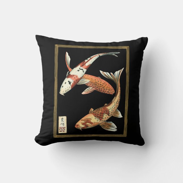 Two Japanese Koi Goldfish on Black Background Cushion (Front)