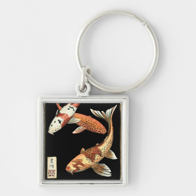 Two Japanese Koi Goldfish on Black Background Key Ring (Front)