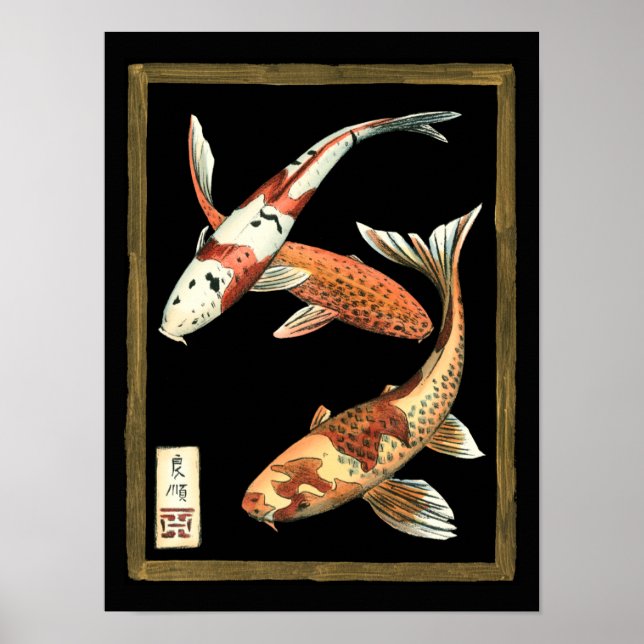 Two Japanese Koi Goldfish on Black Background Poster (Front)