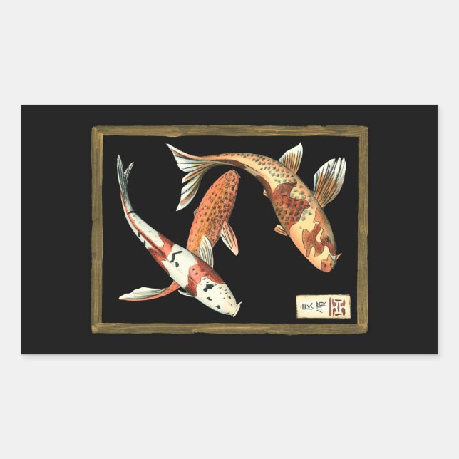 Two Japanese Koi Goldfish on Black Background Rectangular Sticker (Front)