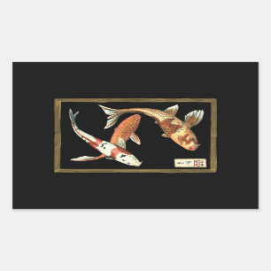 Two Japanese Koi Goldfish on Black Background Rectangular Sticker