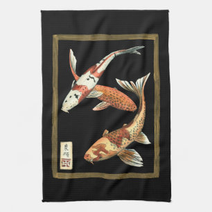 Two Japanese Koi Goldfish on Black Background Tea Towel