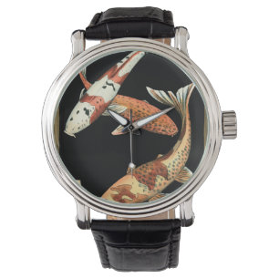 Two Japanese Koi Goldfish on Black Background Watch