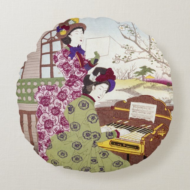 Two Japanese Ladies, C1890 Round Cushion (Front)