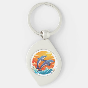 Two jumping cartoon dolphin key ring