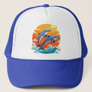 Two jumping cartoon dolphin trucker hat