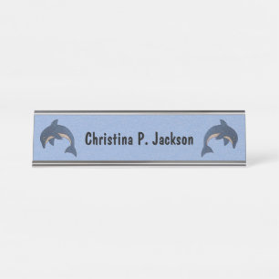 Two Jumping Sparkle Like Blue White Dolphins Desk Name Plate
