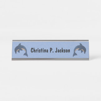 Two Jumping Sparkle Like Blue White Dolphins Desk Name Plate
