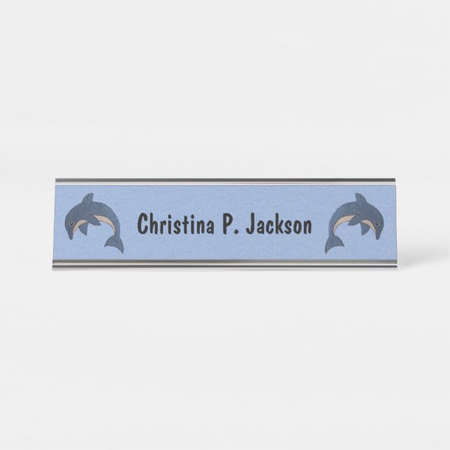 Two Jumping Sparkle Like Blue White Dolphins Desk Name Plate (Front)