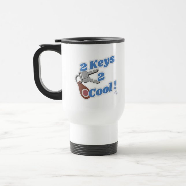 Two Keys Two Cool Classic Car Motto Travel Mug (Left)