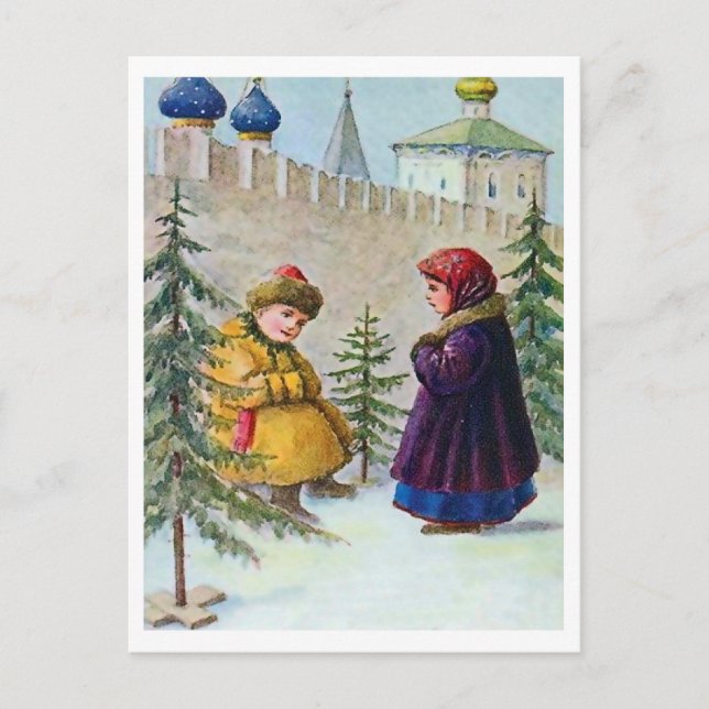 Two kids and Christmas trees under the walls Postcard (Front)