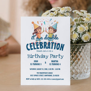 Two Kids And Confetti Double Birthday Party Invitation