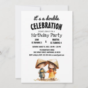Two Kids Oriental East Asia Double Birthday Party  Invitation