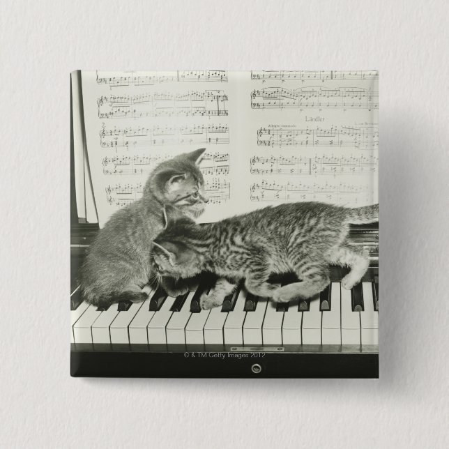 Two kitten playing on piano keyboard, (B&W) 15 Cm Square Badge (Front)