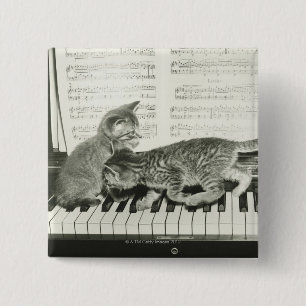 Two kitten playing on piano keyboard, (B&W) 15 Cm Square Badge