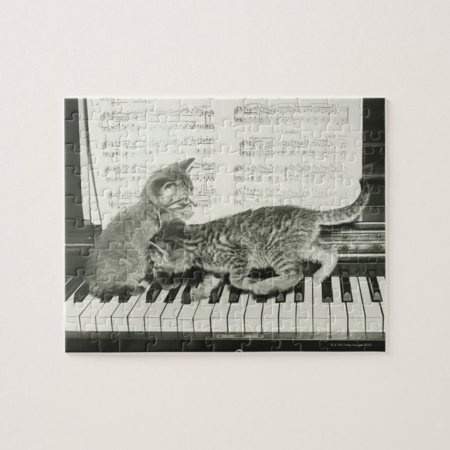 Two kitten playing on piano keyboard, (B&W) Jigsaw Puzzle (Horizontal)
