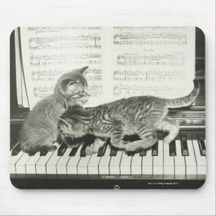 Two kitten playing on piano keyboard, (B&W) Mouse Mat