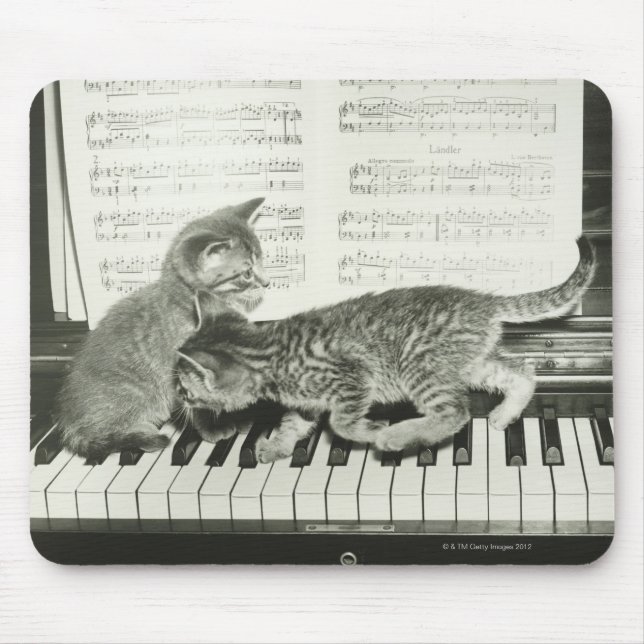 Two kitten playing on piano keyboard, (B&W) Mouse Mat (Front)