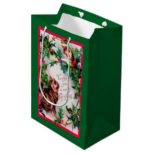 Two Kittens and Christmas Holly Medium Gift Bag