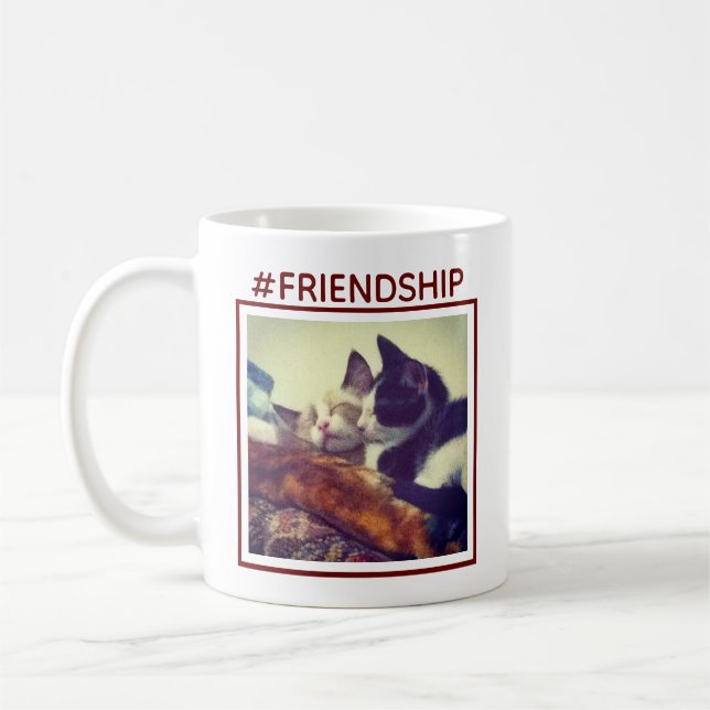 Two Kittens Cuddle Photograph Hashtag Friendship Coffee Mug (Left)
