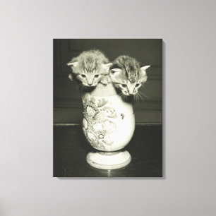 Two kittens hiding in vase, (B&W) Canvas Print