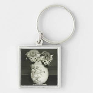 Two kittens hiding in vase, (B&W) Key Ring