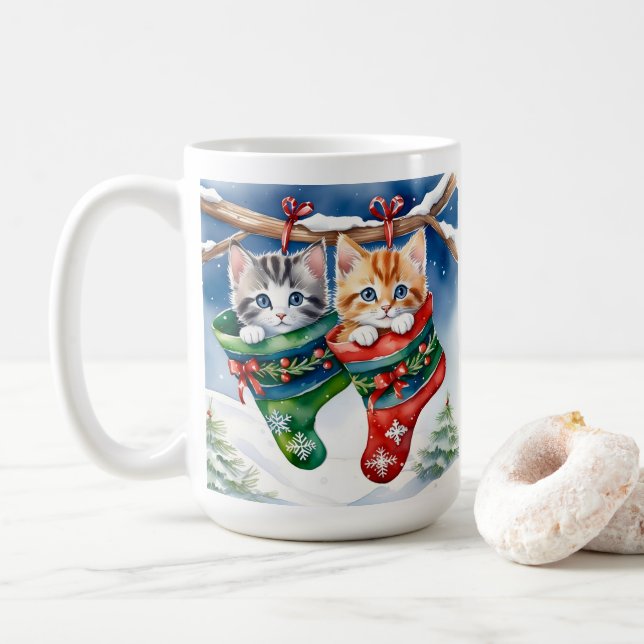 Two Kittens in Christmas Stockings in the Snow Coffee Mug (With Donut)
