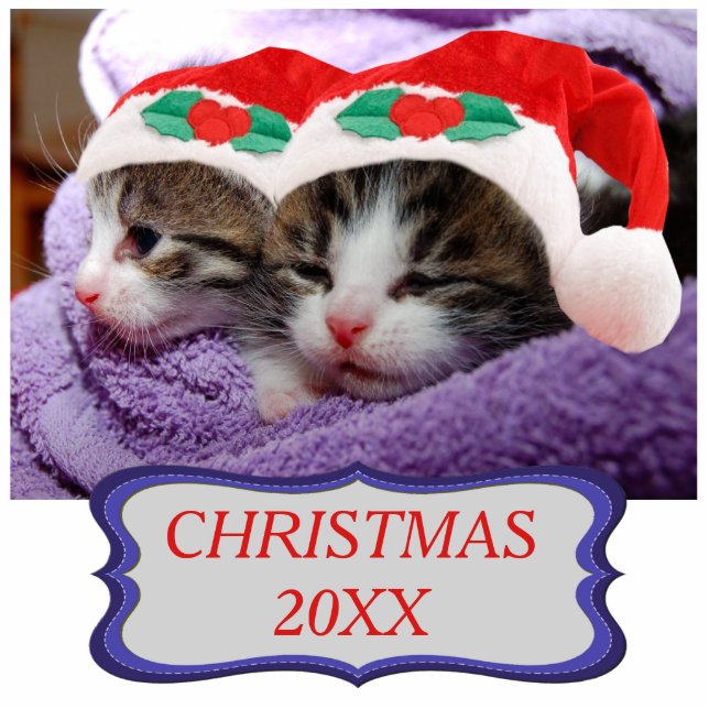 Two Kittens in Red Santa Hats Christmas 20XX Photo Sculpture Decoration (Front)