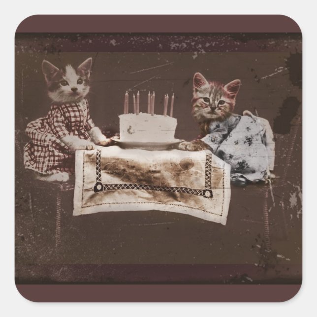 Two Kittens with Birthday Cake Square Sticker (Front)