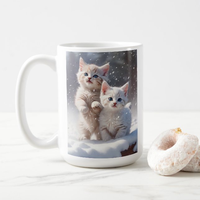 Two Kittens with Blue Eyes Playing in the Snow  Coffee Mug (With Donut)