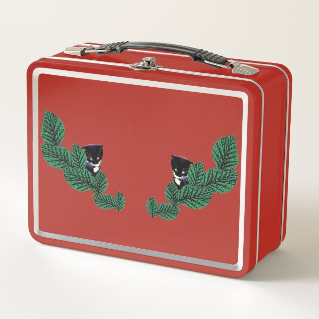 Two Kittens with Leaves Metal Lunch Box (Front)