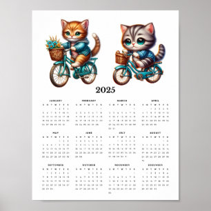 Two Kitty Cats Riding Bicycles 2025 Wall Calendar Poster