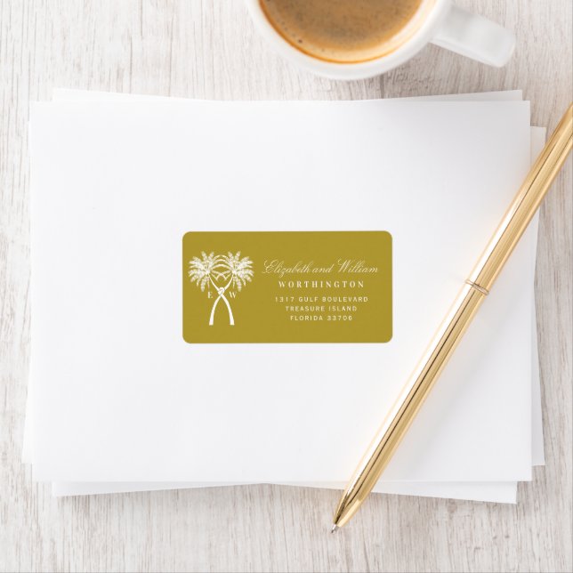 Two Knotted Palm Trees Tropical Wedding Address Label (Insitu)