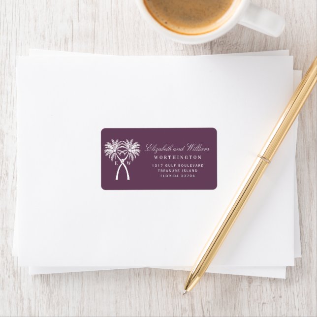 Two Knotted Palm Trees Tropical Wedding Address Label (Insitu)