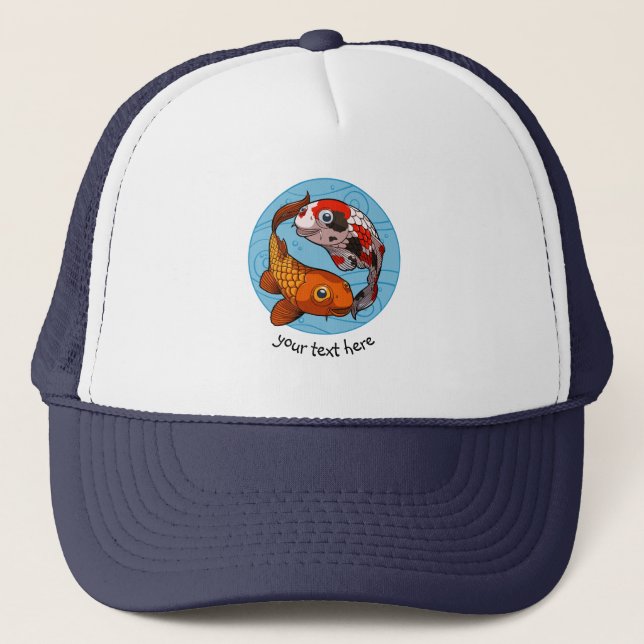 Two Koi Carp Fish Friends Swimming Cartoon Trucker Hat (Front)