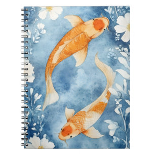 Two koi carp swimming among flowers. notebook