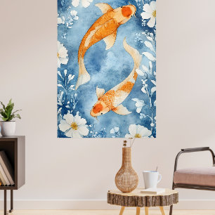 Two koi carp swimming among flowers.  poster
