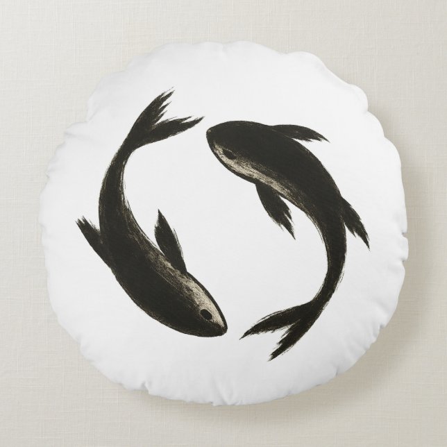 Two Koi – Ink Brush Fish on  Round Cushion (Front)