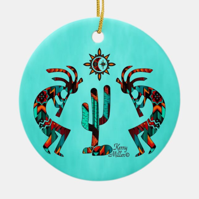 Two Kokoplelli Playing The Flute Ceramic Ornament (Front)