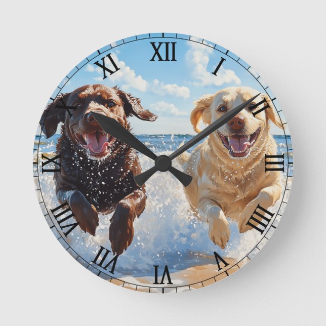 Two Labrador Retrievers on Beach Round Clock (Front)