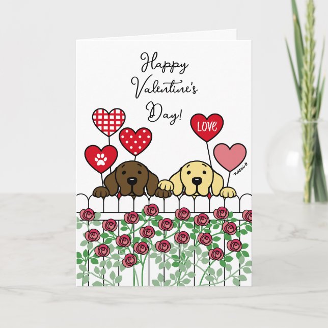 Two Labradors Watching Cartoon Roses Valentine Holiday Card (Front)